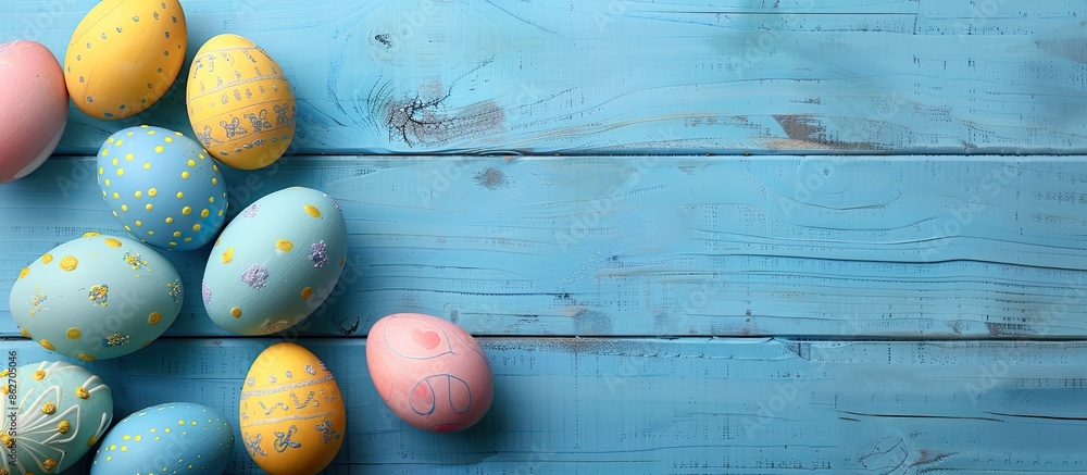 Poster Top view of Easter eggs displayed on a blue wooden surface, with ample copy space in the image.