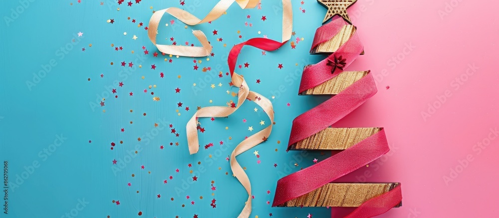 Poster festive wooden christmas tree adorned with golden and red ribbons on a pink and blue background, per