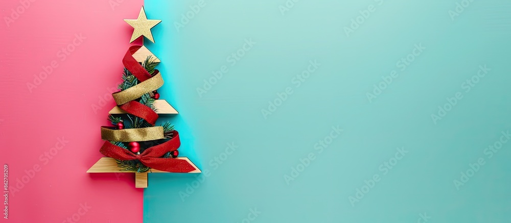 Poster festive wooden christmas tree adorned with golden and red ribbons on a pink and blue background, per
