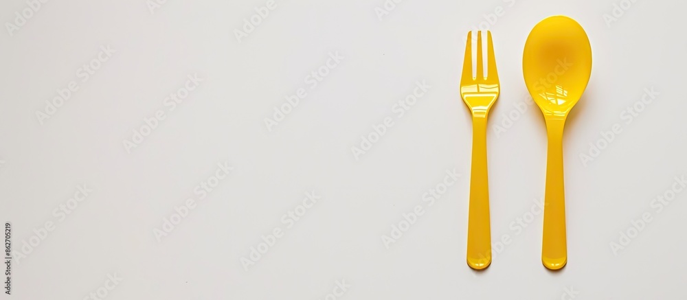 Poster yellow plastic fork and spoon on a white background with copy space image.