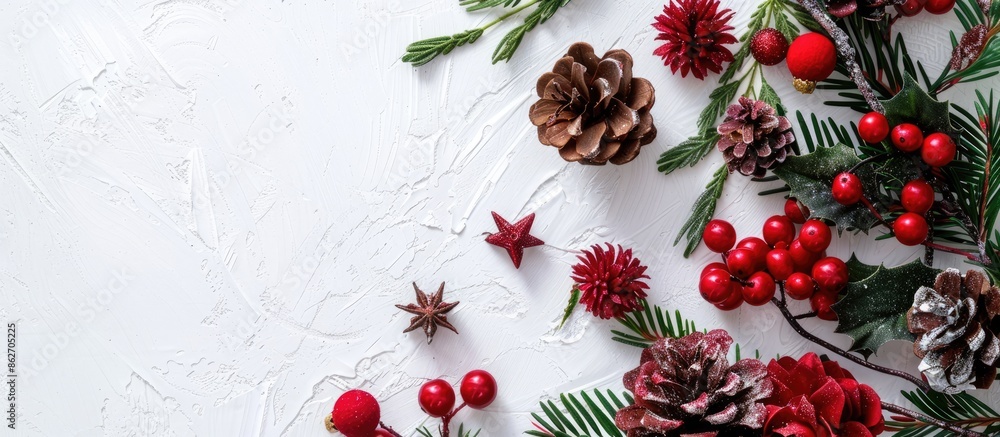 Poster top view of christmas arrangement on a white backdrop with ample copy space image.