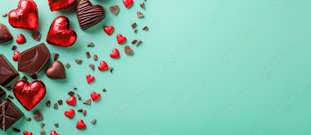 Poster Valentine-themed red and chocolate brown decorations on a mint background create an attractive border with space for text or images. Copy space image. Place for adding text and design