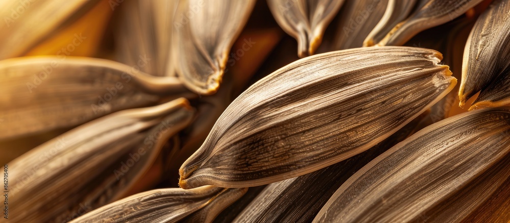 Poster a high-resolution image featuring a detailed close-up of sunflower seeds, with ample empty space for
