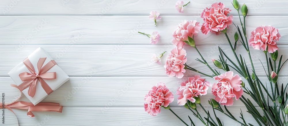 Poster top view image of carnations and a gift box on a white wooden background with a copy space for mothe
