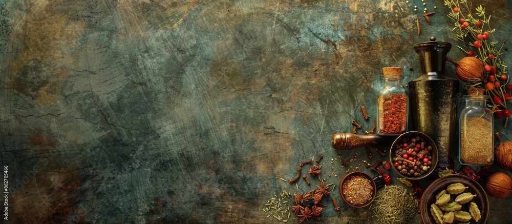 Poster an assortment of spices and kitchen tools displayed on a vintage backdrop with copy space image.