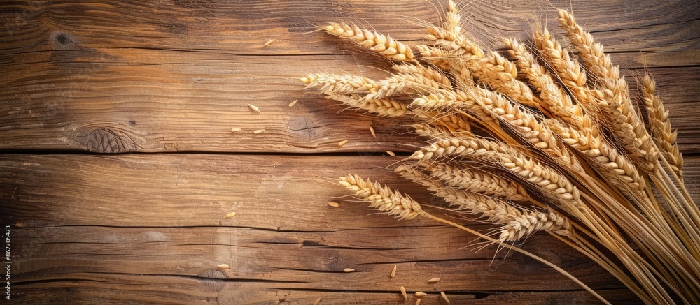 Poster Wheat ears arranged on a rustic wooden surface with a sheaf of wheat providing a focal point in the background, creating a visual representation of the harvest theme with copy space image.