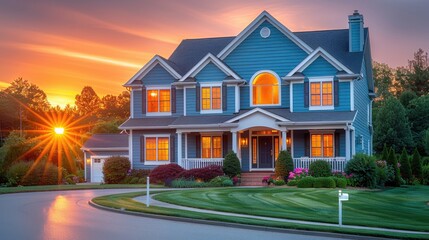 A perfect neighbourhood. Houses in suburb at Summer in the north America. Luxury houses with nice landscape.  