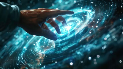 Hand touching a spinning data flow, data flow processing visualization background. Generative AI