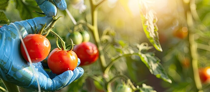 Protect tomato plants from diseases like Phytophthora by applying pesticide chemicals with a copy space image of the treatment process.