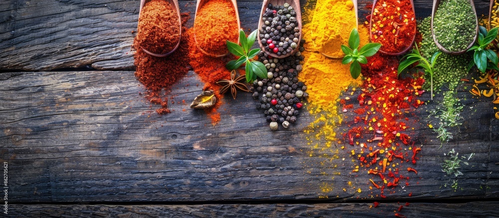 Poster Colorful spices arranged on a wooden surface with space for text, seen from above in a copy space image.