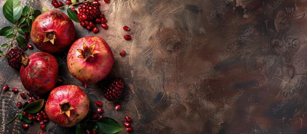Poster top view of churchkhelas and pomegranate on a textured table with copy space image available.