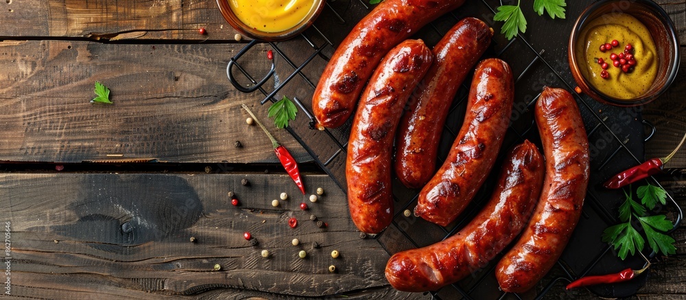 Poster delicious sausages with peppercorns, mustard on a wooden table, presenting a flat lay with ample cop
