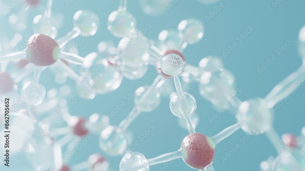 Poster a close up of a molecule with a red ball in the middle. the molecule is made up of many small sphere