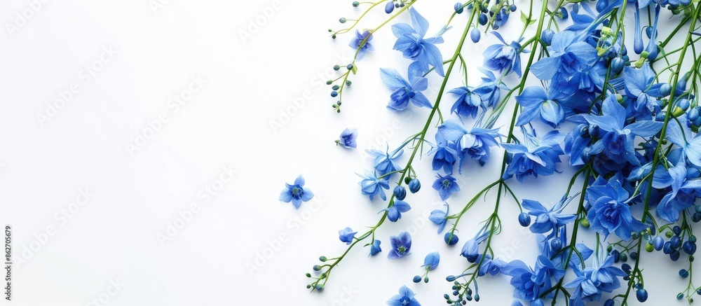 Poster blue delphinium on a white backdrop is an ideal copy space image for florists.