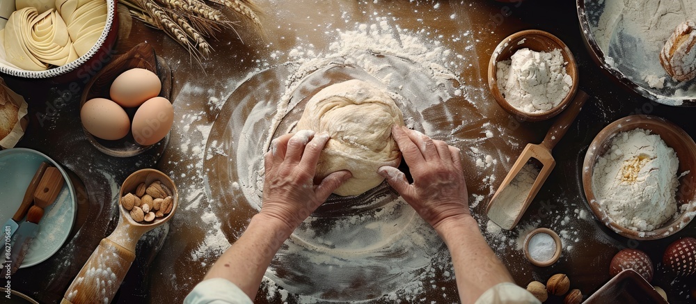 Poster a baker is getting ready to knead dough in a top-down view, illustrating a cooking and bakery concep