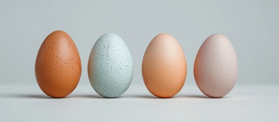 Select the perfect eggs by comparing four different colored chicken eggs with a copy space image for text.