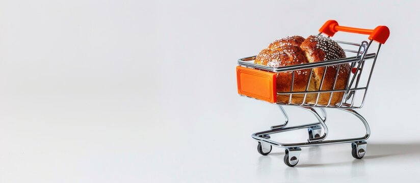 Delivery of fresh bakery products to your home, featuring a mini shopping trolley with a raisin bun, on a white isolated background with copy space image.