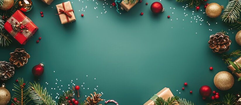 A Christmas-themed flat lay arrangement with decorative ornaments, gift boxes, and fir leaves creating a background, perfect for a copy space image.