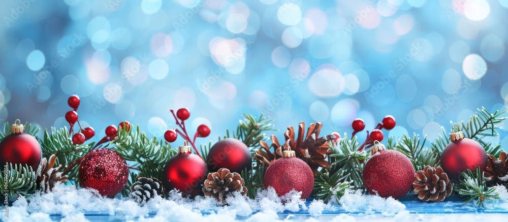Poster christmas themed banner featuring red ornaments, pine cones, and branches arranged on a snowy wooden