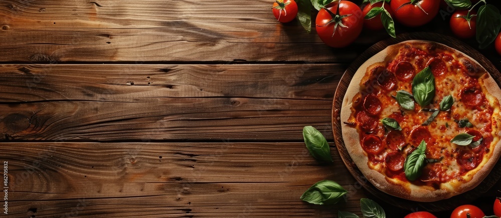 Poster italian pizza on wooden surface with space for text. copy space image. place for adding text and des