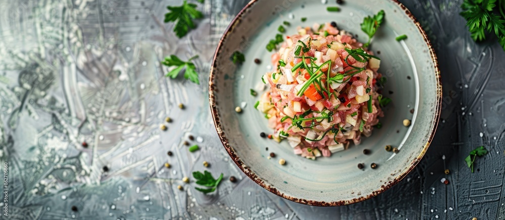 Poster rustic-style herring tartar presented on a plate in a top view shot, with available copy space image