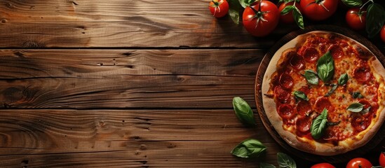 Italian pizza on wooden surface with space for text. Copy space image. Place for adding text and design