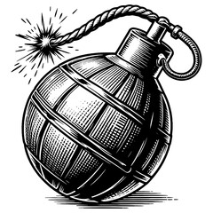  bomb with a lit fuse, showcasing a classic and dramatic design sketch engraving generative ai fictional character PNG illustration. Scratch board imitation. Black and white image.