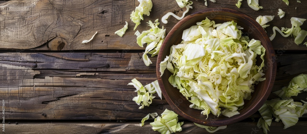 Poster close-up of delicious homemade fermented cabbage on a wooden surface with copy space image.