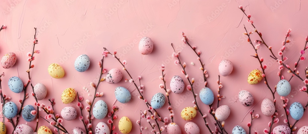 Poster easter-themed image with pussy willow branches and colorful eggs on a pink surface, creating a seaso