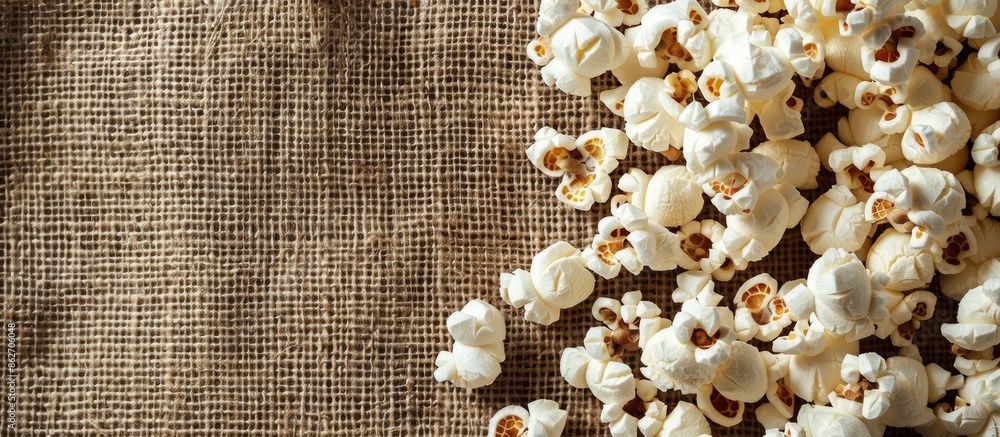 Aufkleber Close-up image of popcorn on burlap with space for text. Copy space image. Place for adding text and design