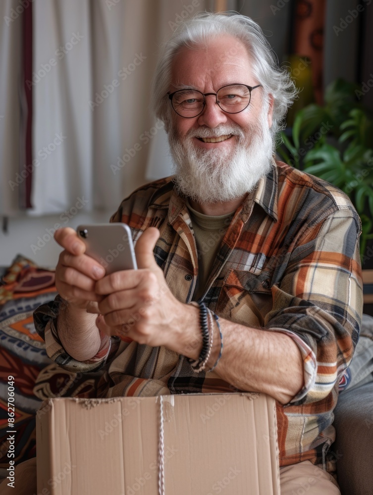 Poster a man with a beard and glasses is smiling while holding a cell phone. he is sitting on a couch next 