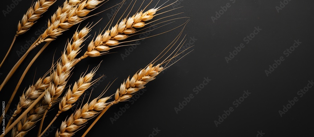 Poster Wheat ears on a black background with copy space image available.