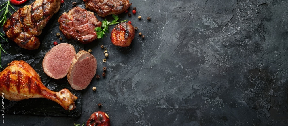 Poster Different grilled meats like beef, pork, and chicken on a stone background with space for your text. Copy space image. Place for adding text and design