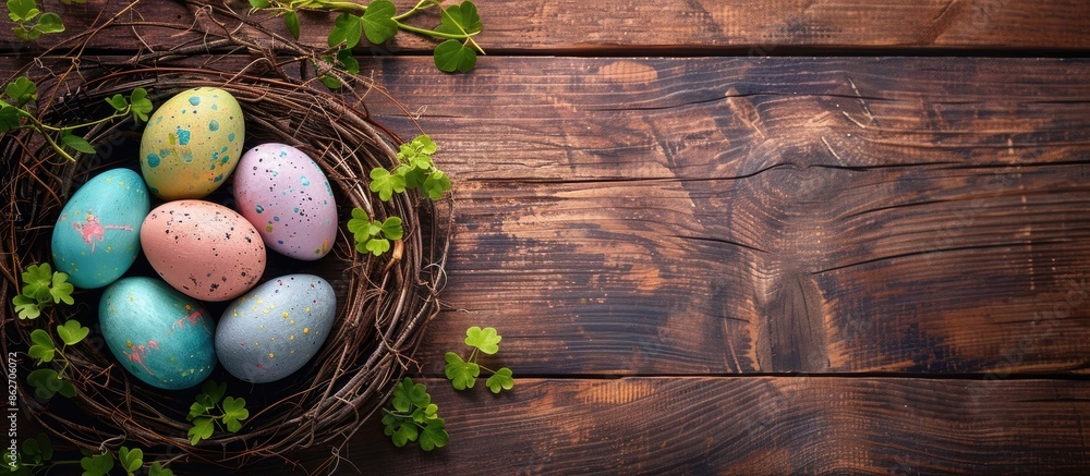 Aufkleber easter eggs on a wooden table with a wreath made of vines. top view with copy space image for text.