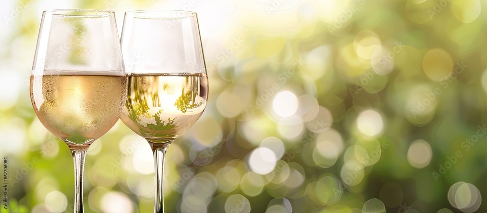 Leinwandbilder Two glasses of white wine on a blurry background with empty space for text or images. Copy space image. Place for adding text and design