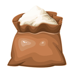 Bag full of white flour, cartoon open sack. Brown burlap pack with bunch of powder salt and sugar, rice and wheat flour. Storage of bulk food products mascot, cartoon cloth package vector illustration