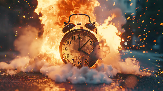 Running after time, alarm clock burning in fire, exploding rush hour