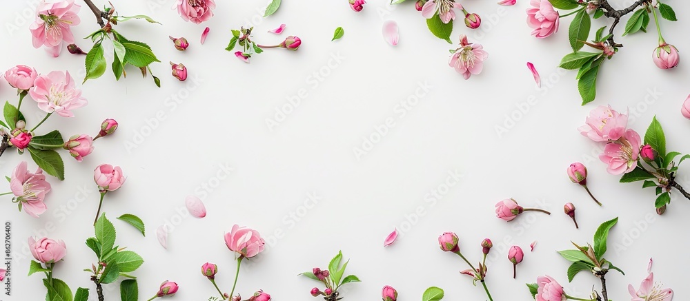 Poster top view of a frame featuring pink flower buds, branches, and leaves isolated on a white background 