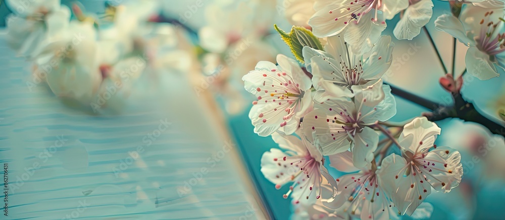Fototapete close-up shot of spring on notebook with copy space image.