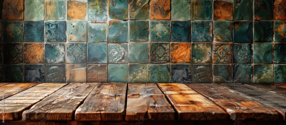 Aufkleber An empty wooden table presents a versatile display area against a vintage tile backdrop, ideal for showcasing products with ample copy space image.