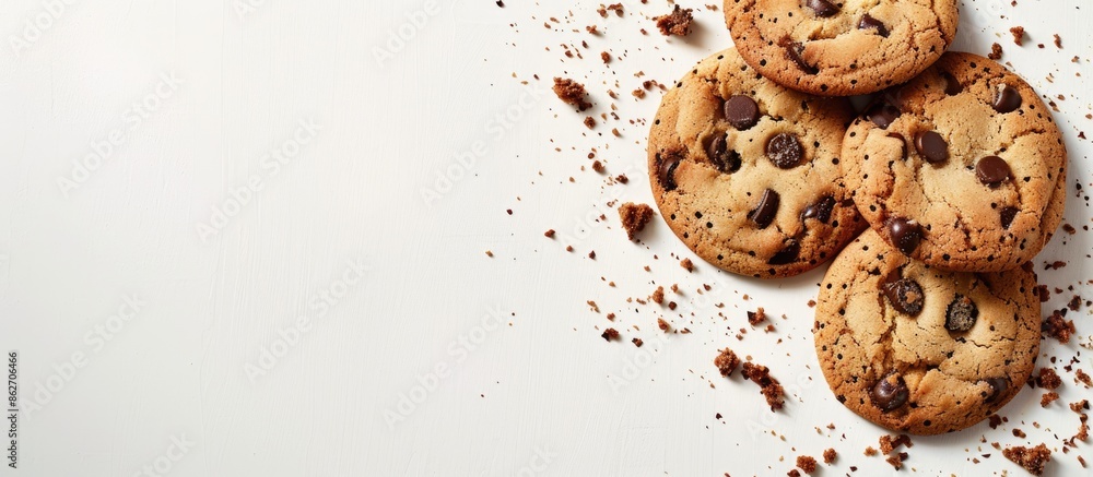 Aufkleber Cookies leaving a trail of crumbs on a blank background with empty space for text or graphics - a perfect copy space image.