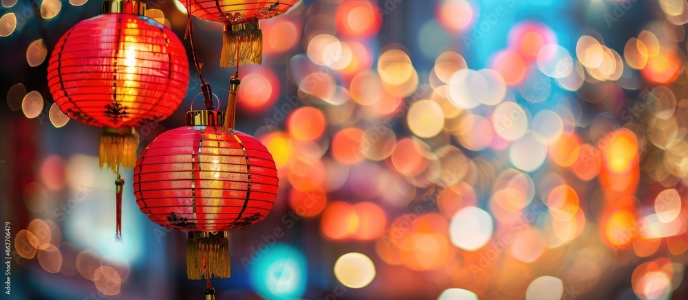 Poster bokeh background with copy space image for christmas or chinese new year lights.