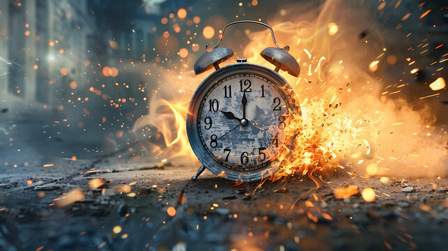 Running after time, alarm clock burning in fire, exploding rush hour