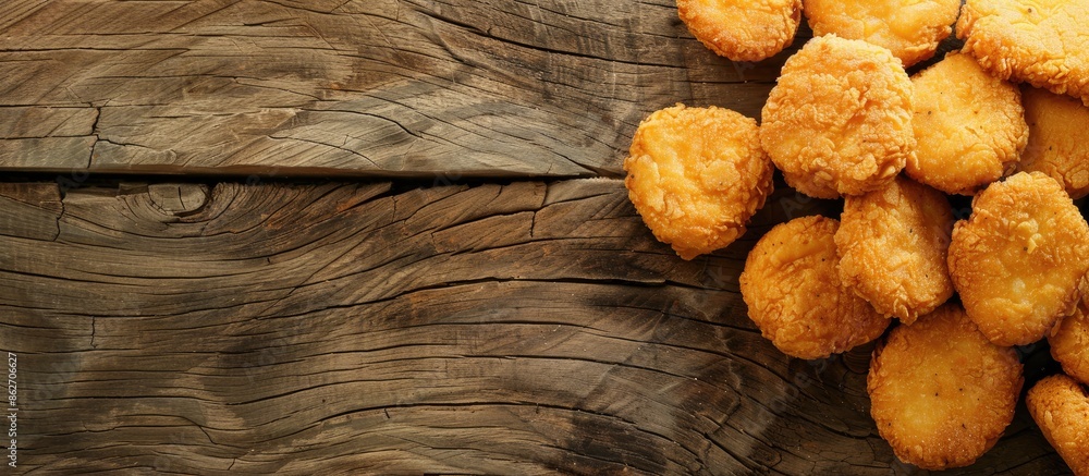 Fototapete Top view of chicken nuggets on a wooden background with depth of field and a blank space for text or images. Copy space image. Place for adding text and design