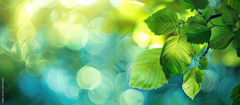 Poster abstract circular bokeh with blurred leaves creates a green leaf background ideal for design images 