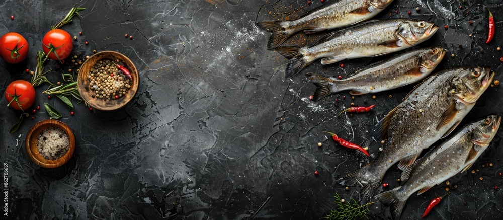 Poster sea bass fish garnished with spices on a dark concrete backdrop with a spacious area for adding text