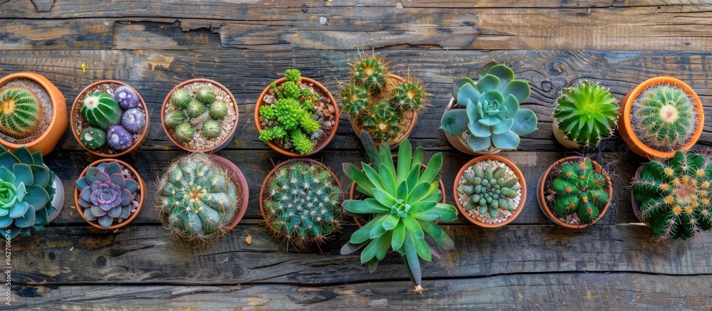 Poster a collection of small cacti in pots set on a wooden garden table creates an ornamental plant backgro
