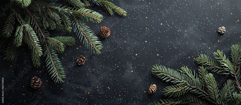 Poster An image capturing the essence of Christmas with a festive layout featuring classic holiday elements like pine tree branches, suitable for the winter season. Includes a background with ample space
