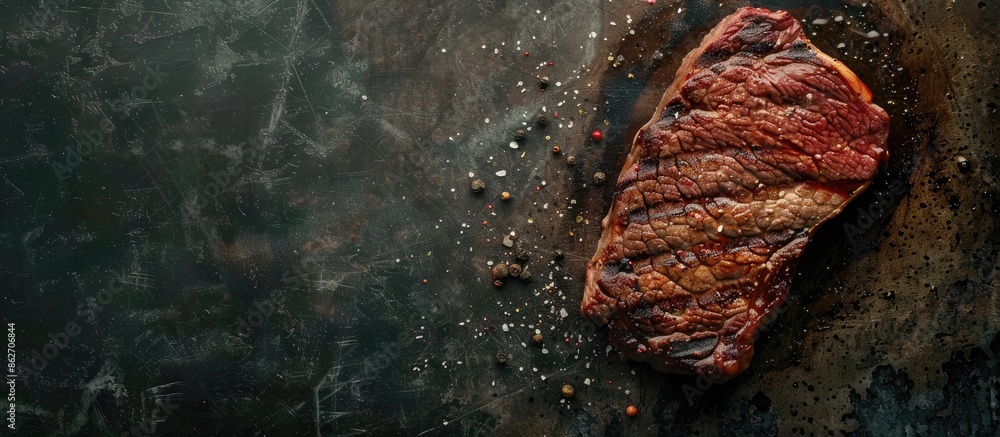 Poster top view of steak cooking on dark surface with copy space image.