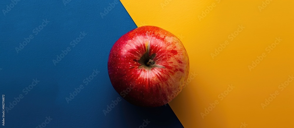 Poster a view from above shows a fresh red apple on a banner with a navy blue and yellow background, featur